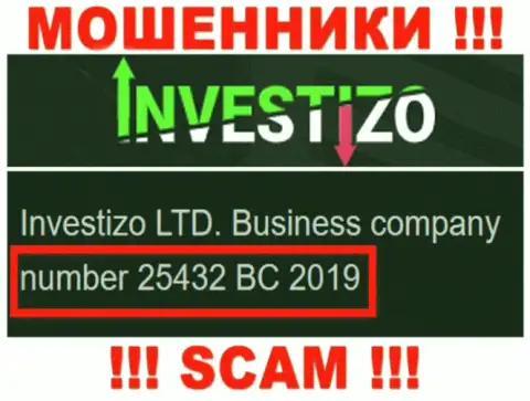 Инвестицо Лтд интернет-лохотронщиков Investizo LTD было зарегистрировано под этим номером регистрации - 25432 BC 2019