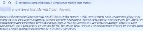 Автор высказывания утверждает о том, что Trust Markets - это АФЕРИСТЫ !!! Связываться с которыми довольно рискованно