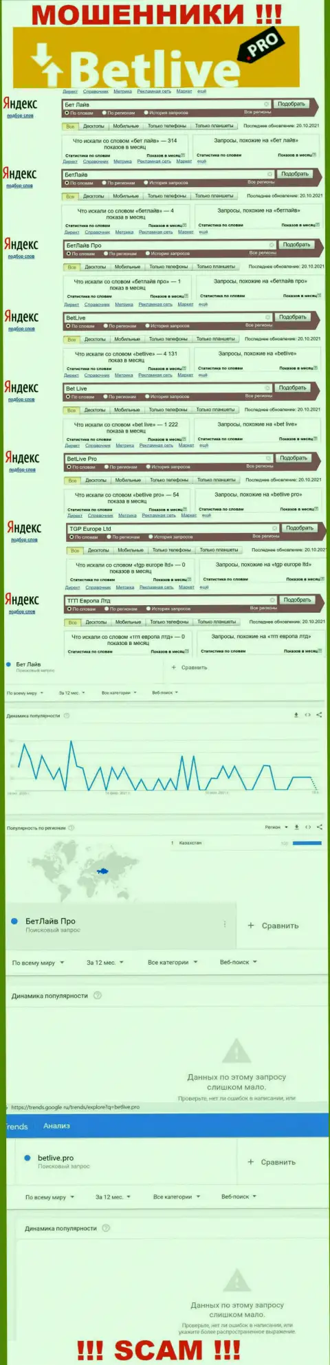 Статистические показатели о запросах в поисковиках сети internet сведений о компании BetLive