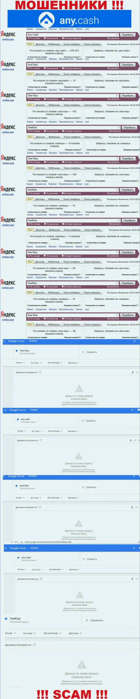 Скриншот результатов online запросов по противозаконно действующей организации Any Cash