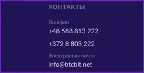 Номера телефонов и адрес электронной почты компании BTCBit Sp. z.o.o.