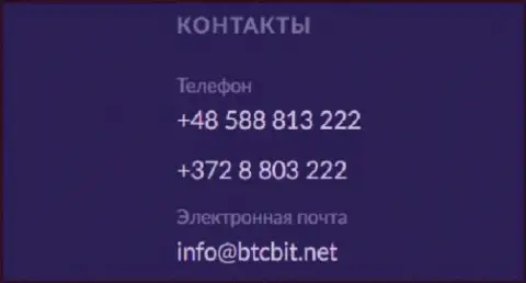 Номера телефонов и почта организации БТКБит Нет
