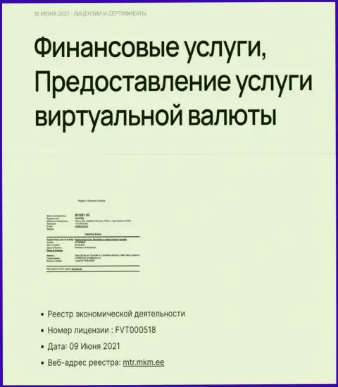 Лицензия online-обменника BTCBit Net на предоставление услуг с электронными деньгами