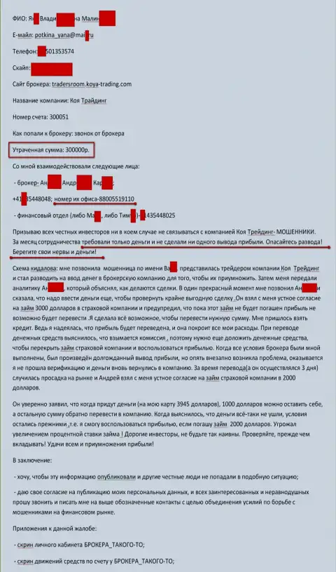 Коя Трейдинг обокрали очередного клиента на сумму 300 тыс. рублей - это ШУЛЕРА !!!